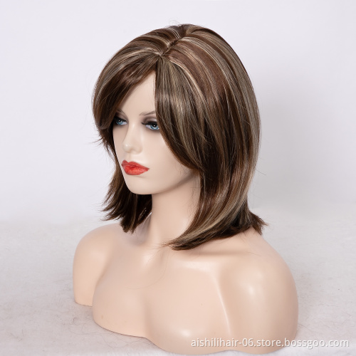 Aishili Bobo Head Synthetic Wig Medium Wigs Natural Straight golden Hair synthetic hair wig  for Women